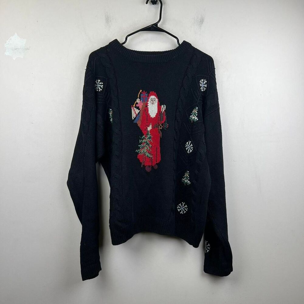 Vtg Woolrich Sweater Needlepoint Christmas Santa Claus Embroidered  Knit Size L